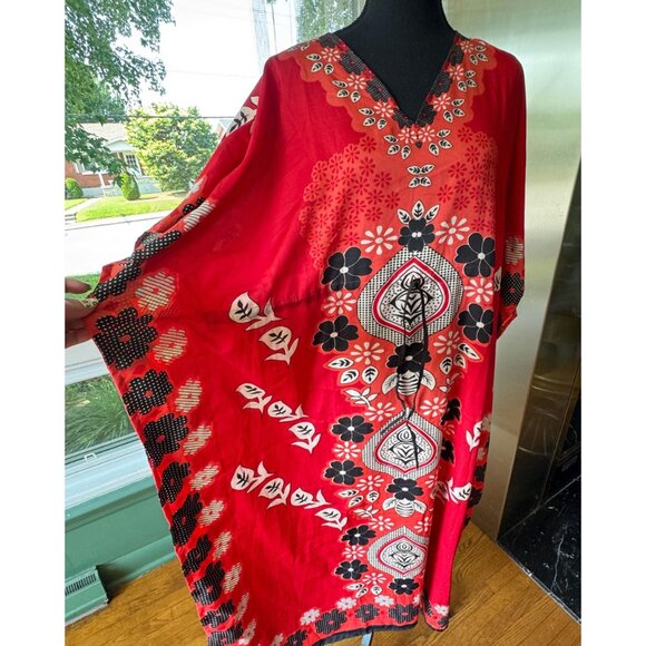 Vintage 80s muumuu, red, coral, black white floral, nylon hostess dress, cinched - Picture 4 of 9
